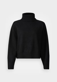 Czarny, krótki sweter z golfem, wykonany z dzianiny. Posiada długie rękawy i prążkowany kołnierz; prosty, bezszwowy design bez wzorów.
