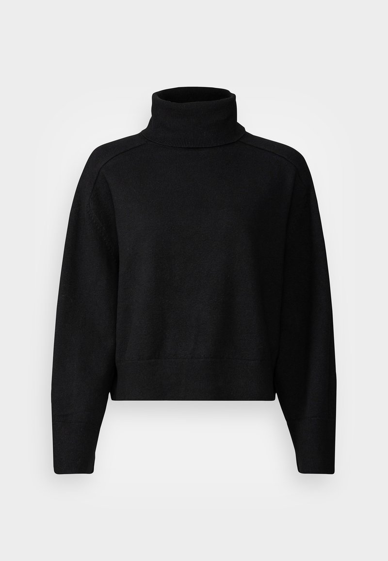 Czarny, krótki sweter z golfem, wykonany z dzianiny. Posiada długie rękawy i prążkowany kołnierz; prosty, bezszwowy design bez wzorów.