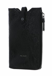 Portefeuille en cuir noir avec finition texturée, fermeture éclair et bouton-pression. Présente un logo subtil embossé sur le devant.