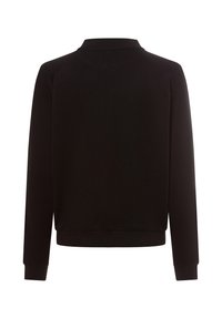 Schwarzes Sweatshirt mit einem gerippten Kragen und Bündchen. Glatte Textur, lange Raglanärmel und ein schlichtes Rückendesign. Klassische Passform.