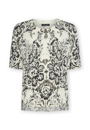 Weiße Bluse mit kurzen Ärmeln, schwarzem und grauem floralem Damastmuster und rundem Ausschnitt.