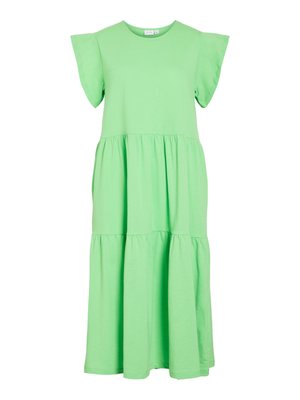 Zelené bavlněné šaty s krátkými křidélkovými rukávy, volným střihem a vrstveným designem. Hladká textura, délka ke kolenům a bez viditelných vzorů nebo akcentů.