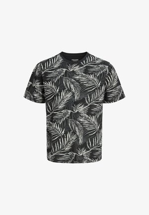 Tricou negru cu mâneci scurte, cu model tropical de frunze de palmier albe și gri pe întreaga suprafață și decolteu rotund.
