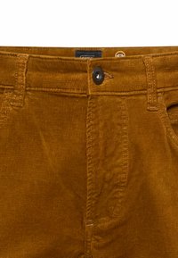Bruine corduroy broek met een knoopsluiting, zijzakken en een gestructureerde stof. Bevat subtiele fijne ribbels en contrasterende stikdetails.