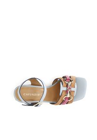 Sandali aperti color marrone e blu con tacco piatto, dotati di dettagli in catena rosa e oro. Realizzati in suede e pelle sintetica, dalla texture liscia.