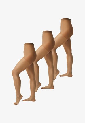 Trois paires de collants fins couleur chair présentées sur des mannequins de jambes dans différentes poses de marche sur fond blanc.