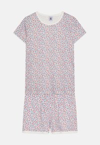 Romper bianco in cotone a maniche corte con un motivo floreale in rosso e blu, colletto rotondo e gambe corte.