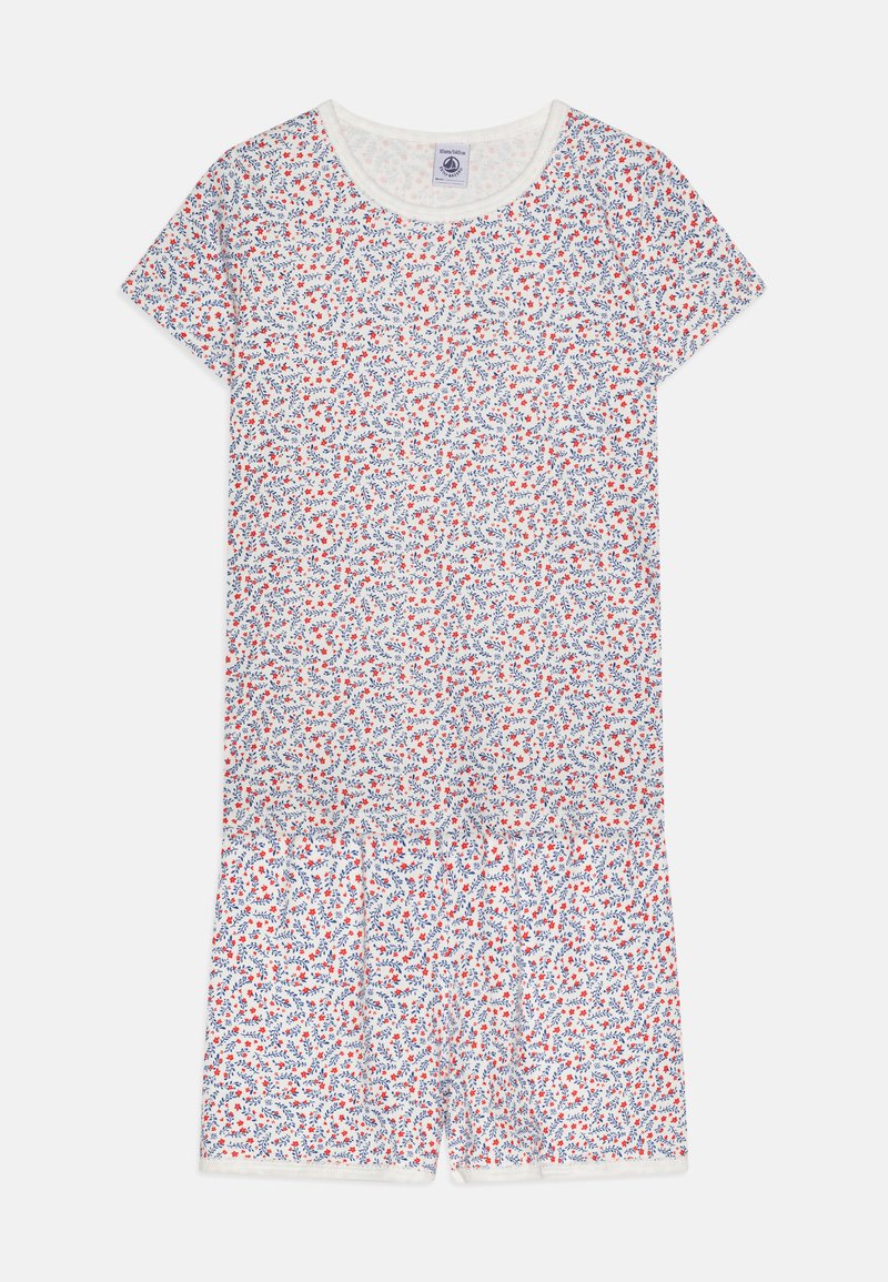 Romper bianco in cotone a maniche corte con un motivo floreale in rosso e blu, colletto rotondo e gambe corte.