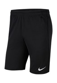 Zwarte sportshorts van lichtgewicht materiaal met een elastische tailleband en een wit Nike-logo aan de onderkant links.