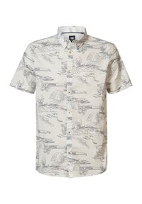 Camisa de botones de manga corta en tejido crema claro que presenta un detallado estampado floral azul y paisajístico, con un cuello tradicional y cierre de botones.