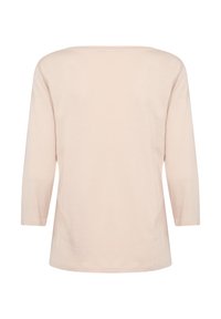 Helles rosa, langärmliges Oberteil mit weitem Ausschnitt und schlichtem Design; aus weichem Stoff mit glatter Textur; schlichte Rückansicht.
