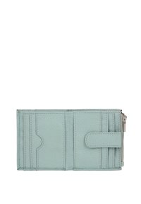 Lichtblauwe leren portemonnee met meerdere kaartsleuven en een ritsvak. Voorzien van een drukknoopsluiting en een gestructureerd oppervlak.