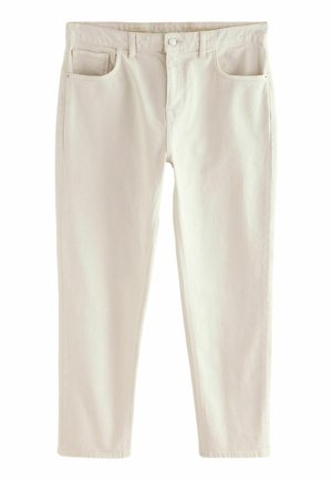 Pantaloni din bumbac bej cu un design cu picior drept, având două buzunare frontale și o talie clasică cu un închizător metalic unic.