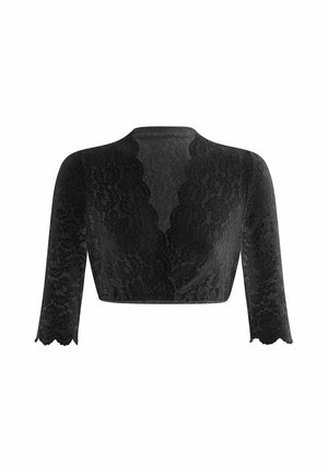 Schwarze, kurz geschnittene Spitzen-Bolerojacke mit gewellten Kanten und Dreiviertelärmeln, von vorne auf weißem Hintergrund gezeigt.