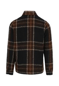 Bruine en zwarte geruiten jas met een kraag, voorzien van een textuurstof en knopenmanchetten. De achterzijde toont contrasterende kleurenpatronen.