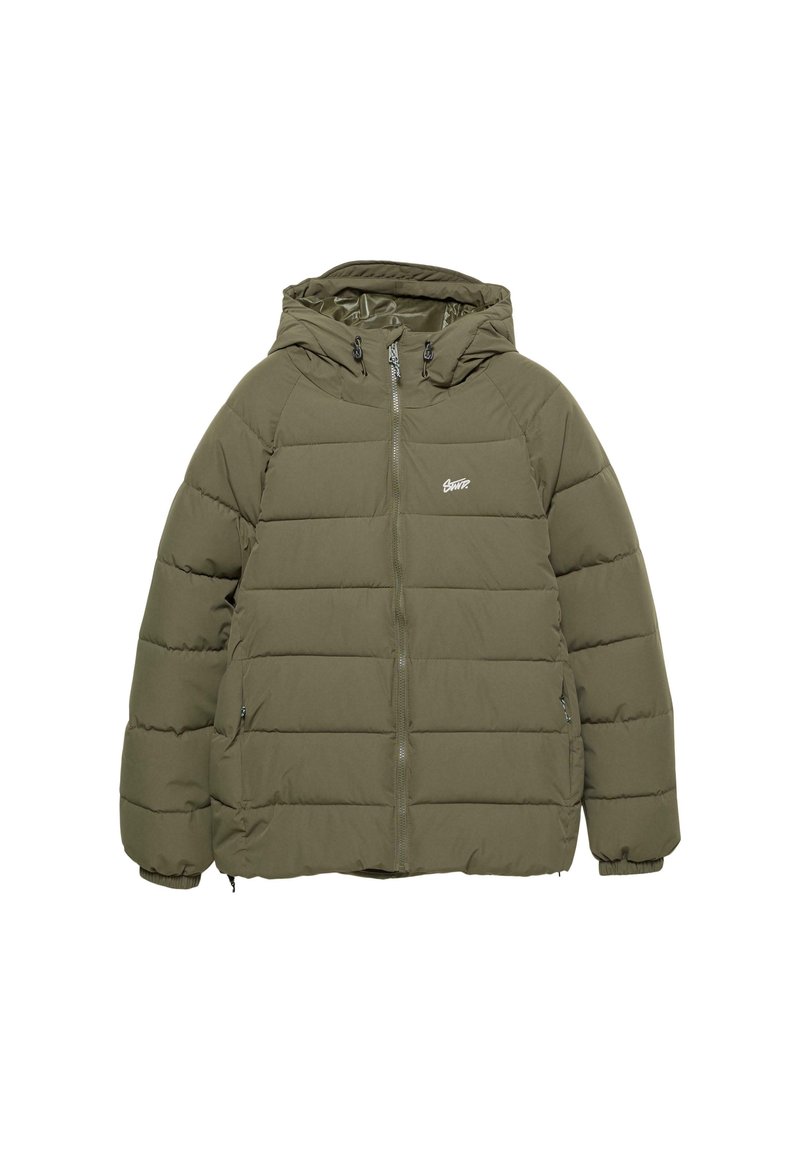 Maslinasto zeleni puffa jakna s kapuljačom, horizontalno quilted dizajn, prednji zatvarač i logo detalj na prsima. Sadrži elastične manžete.