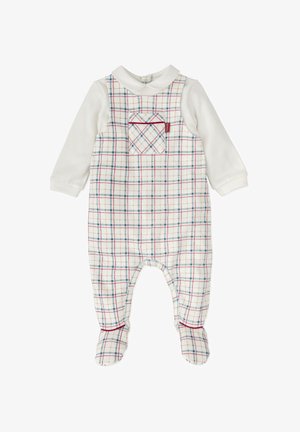 Monopie blanco a cuadros con líneas rojas y azules, que presenta un cuello redondo, mangas largas y patas con pies. Incluye un bolsillo en el pecho.