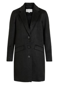 Blazer nero con una texture liscia, colletto a rever e chiusura a tre bottoni. Presenta tasche laterali e una vestibilità sagomata.