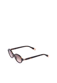 Lunettes de soleil rondes avec une monture en écaille et des verres marron dégradés, posées sur une surface blanche.
