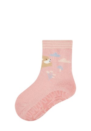 Rosa Babysocke mit rutschfester Sohle, verziert mit einem Bärenkopf, Wolken und Pilzmotiven um das Knöchel.