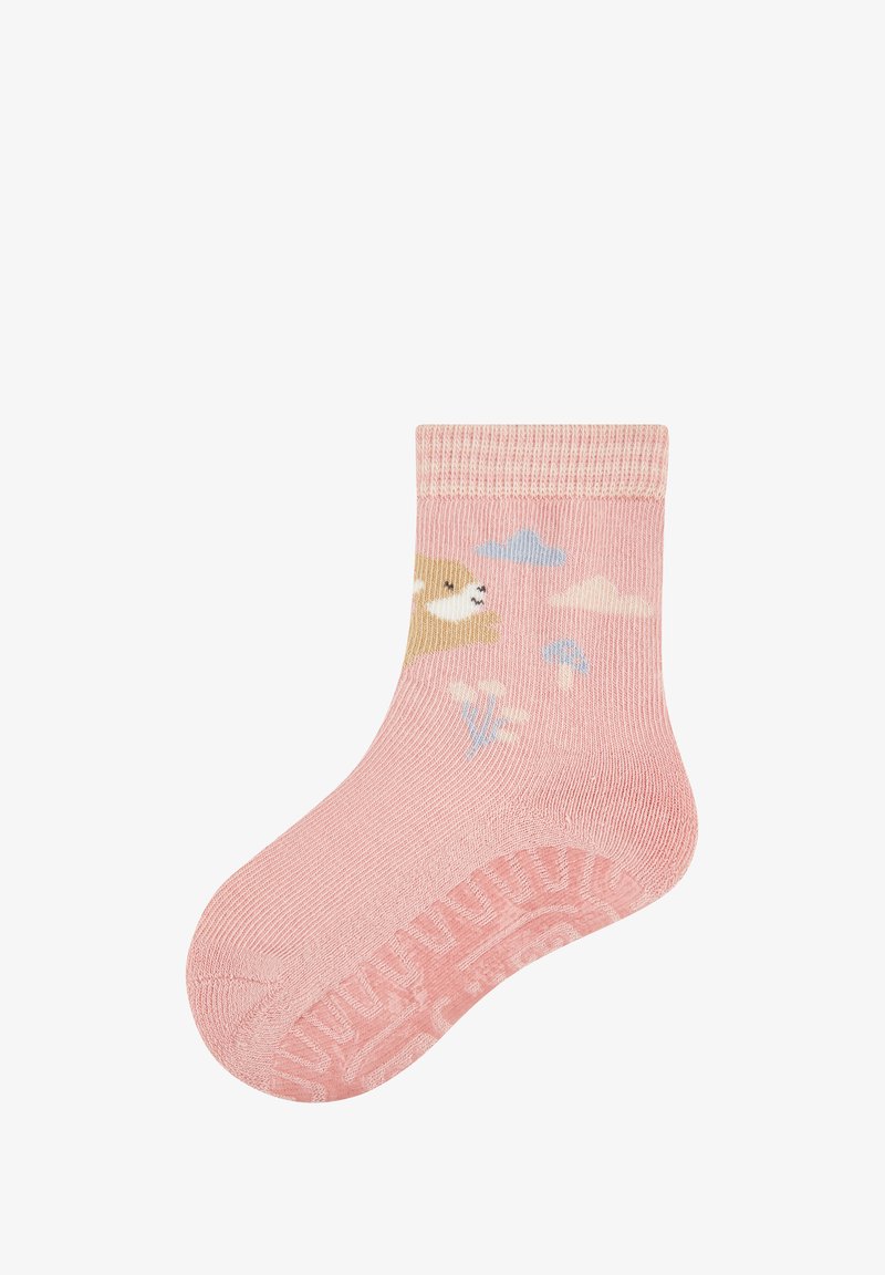Rosa Babysocke mit rutschfester Sohle, verziert mit einem Bärenkopf, Wolken und Pilzmotiven um das Knöchel.