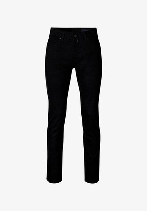 Schwarze Denim-Jeans mit schlanker Passform, klassischem Bund und Fünf-Taschen-Design. Der Stoff hat eine glatte Textur und minimale Verzierungen.