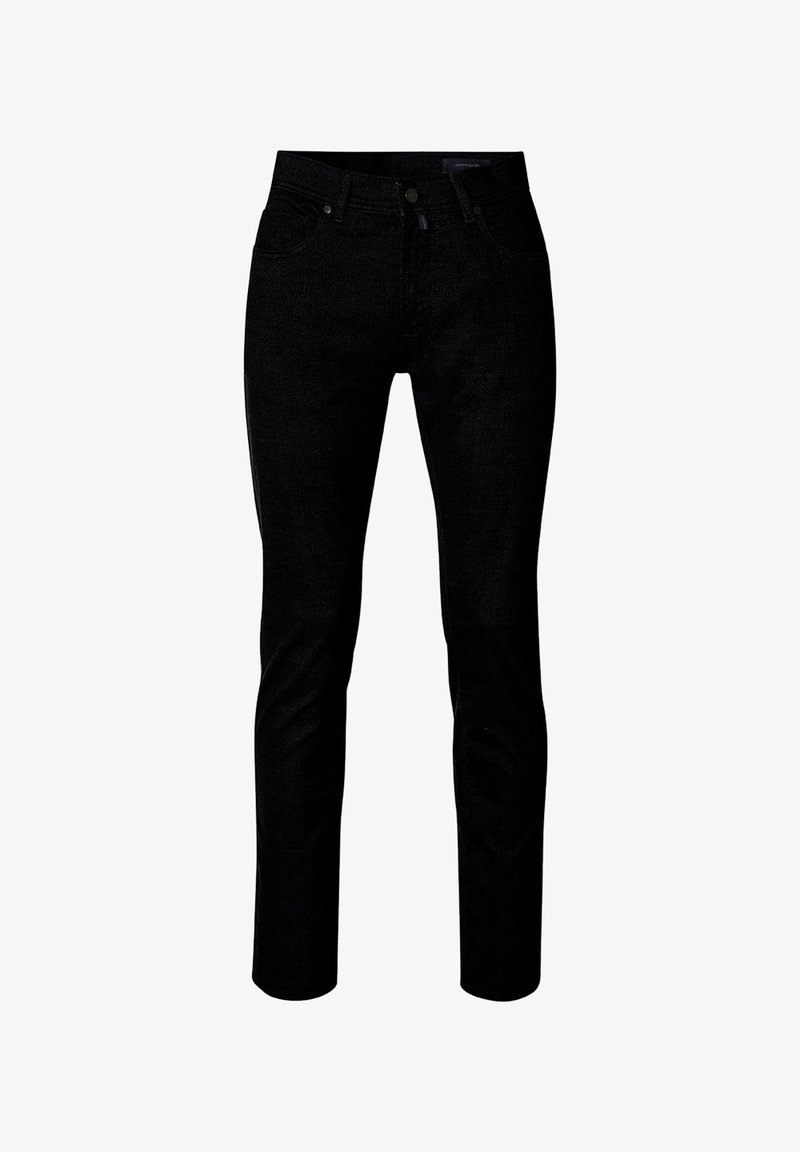 Black denim jeans with a slim fit, featuring a classic waistline and five-pocket design. The fabric has a smooth texture and minimal embellishments.