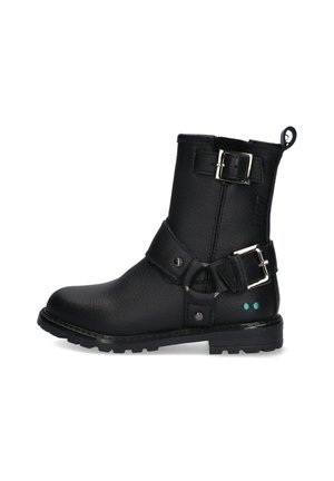 Zwarte leren enkellaars met een gestructureerd oppervlak, zilverkleurige hardware gesp en twee turquoise stippen aan de zijkant. Stevige rubberen zool.