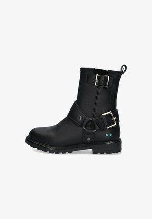 Zwarte leren enkellaars met een gestructureerd oppervlak, zilverkleurige hardware gesp en twee turquoise stippen aan de zijkant. Stevige rubberen zool.