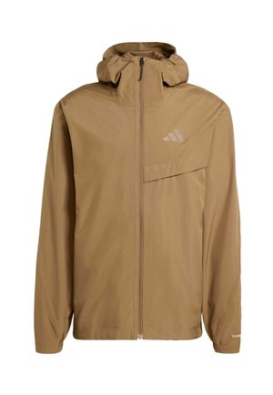 Brown lightweight jacket with a hood, front zip, and a chest pocket. Features subtle branding and smooth texture.