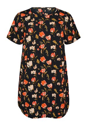 Sort kortærmet bluse med afrundet kant, med et blomsterprint af røde, pink og gyldne blomster samt grønne blade.