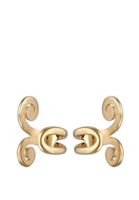 Goldfarbene Metallohrringe mit einem wirbelnden Design und offenen Enden, glatter Oberfläche und polierter Veredlung. Minimalistisch mit künstlerischen Akzenten.