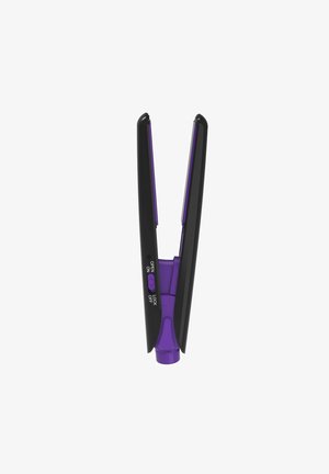 Hair straightener with black casing, purple accents, and a textured handle. Features buttons for "on" and "lock" settings.