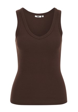 Hihaton ruskea ribbineulottu toppi, jossa V-aukko ja vartalonmyötäinen siluetti.