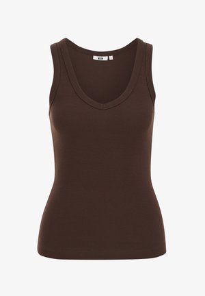 Top smanicato marrone in maglia a coste con scollo a V e silhouette aderente.