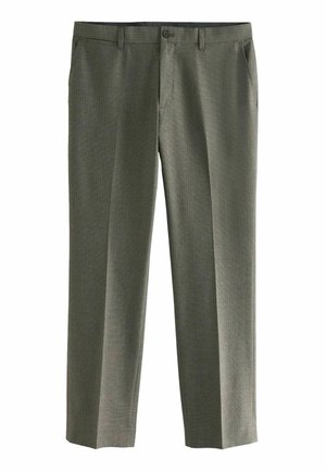 Gray plaid trousers with a relaxed fit, featuring belt loops, a button closure, and side pockets. Smooth fabric with a subtle texture.