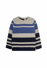 Gestreifter Pullover in Grautönen, Blau und Marineblau. Strickstruktur, Rundhalsausschnitt und lange Ärmel mit gerippten Bündchen und Saum. Knopfverschluss hinten.