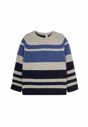 Pull rayé dans des nuances de gris, bleu et marine. Texture tricotée, col rond et manches longues avec des bords-côtes aux poignets et à l'ourlet. Fermeture au dos avec boutons.