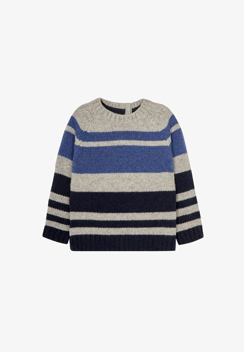 Maglione a righe in tonalità di grigio, blu e blu navy. Tessuto a maglia, scollatura a girocollo e maniche lunghe con polsini e orlo a coste. Chiusura con bottoni sul retro.