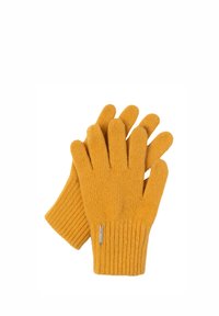 Guantes de punto en un brillante color mostaza con una textura acanalada. Presentan cinco dedos y un pequeño acento decorativo en la muñeca.