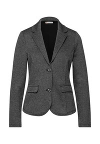 Szara dopasowana marynarka z fakturowanej tkaniny, z dwoma przednimi kieszeniami, klapami z wycięciem i pojedynczym zapięciem na guzik. Posiada czarną podszewkę.