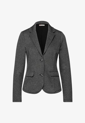 Szara dopasowana marynarka z fakturowanej tkaniny, z dwoma przednimi kieszeniami, klapami z wycięciem i pojedynczym zapięciem na guzik. Posiada czarną podszewkę.