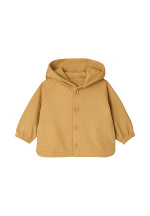 Kindgerechte, senfgelbe Kapuzenjacke mit langen Ärmeln, Knopfverschluss, elastischen Bündchen und zwei Vordertaschen.