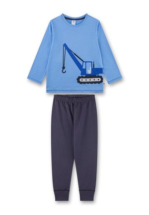 Blauw langemouwen shirt met een blauwe graafmachineafbeelding, gecombineerd met donker marineblauwe broek met een elastische tailleband. Zacht katoen, casual pasvorm.