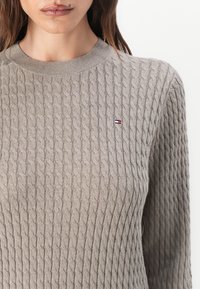 Lichtgrijze gebreide trui met een kabelpatroon, geribde halslijn en een klein logo-opdruk op de borst. Zachte textuur, lange mouwen.