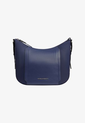 Sac à bandoulière en cuir bleu marine avec design incurvé, rabat avant, fermeture éclair argentée et petite plaque logo argentée au centre en bas.