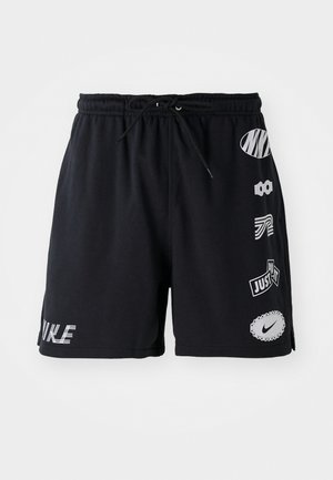 Pantaloni corti neri con vita elastica e cordino. Diversi loghi e stampe in colori contrastanti decorano il lato destro.