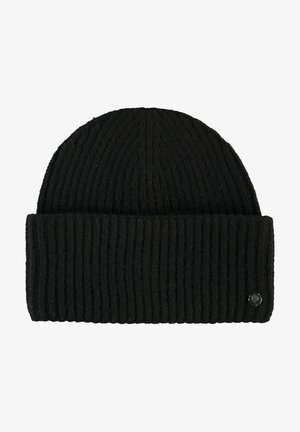 Schwarze Strickmütze mit geripptem Design, ausgestattet mit einem umgeschlagenen Bund und einem kleinen metallischen Logoakzent an der Seite.