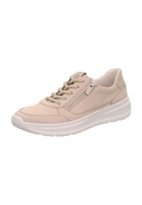 Helle beige Sneaker aus glattem Leder mit strukturiertem Finish. Verfügt über ein Schnürdesign, einen seitlichen Reißverschluss und eine klobige weiße Sohle.