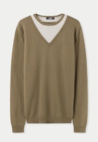 V-ringad tröja i olivgrönt med en ljusare krage, långa ärmar, ribbade muddar och fåll. Mjuk textur, avslappnad design och inga synliga mönster.